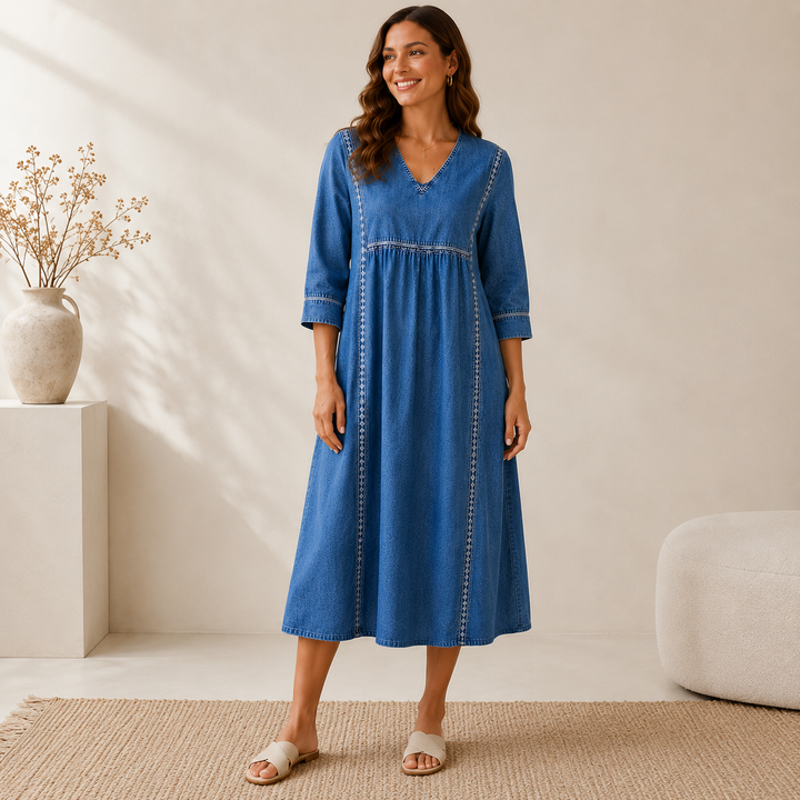 Macey | Long-sleeved denim dress with a round neckline
