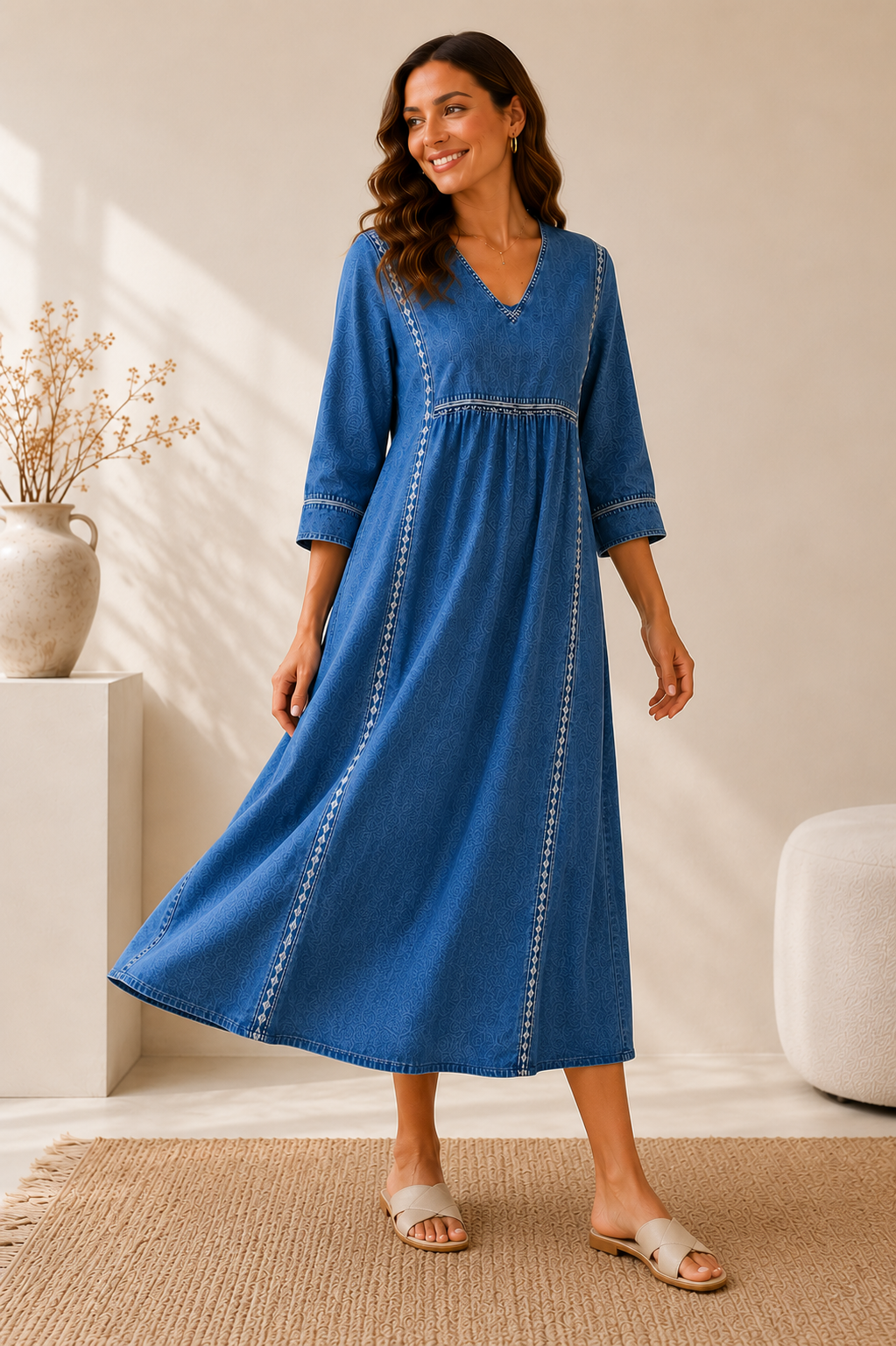 Macey | Long-sleeved denim dress with a round neckline