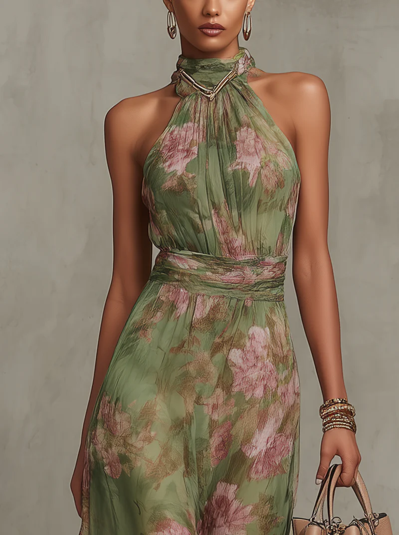 Natalia | Elegant Floral Halter-Neck Maxi Dress