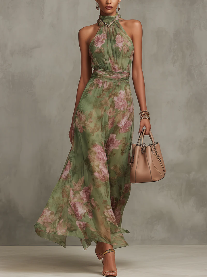 Natalia | Elegant Floral Halter-Neck Maxi Dress